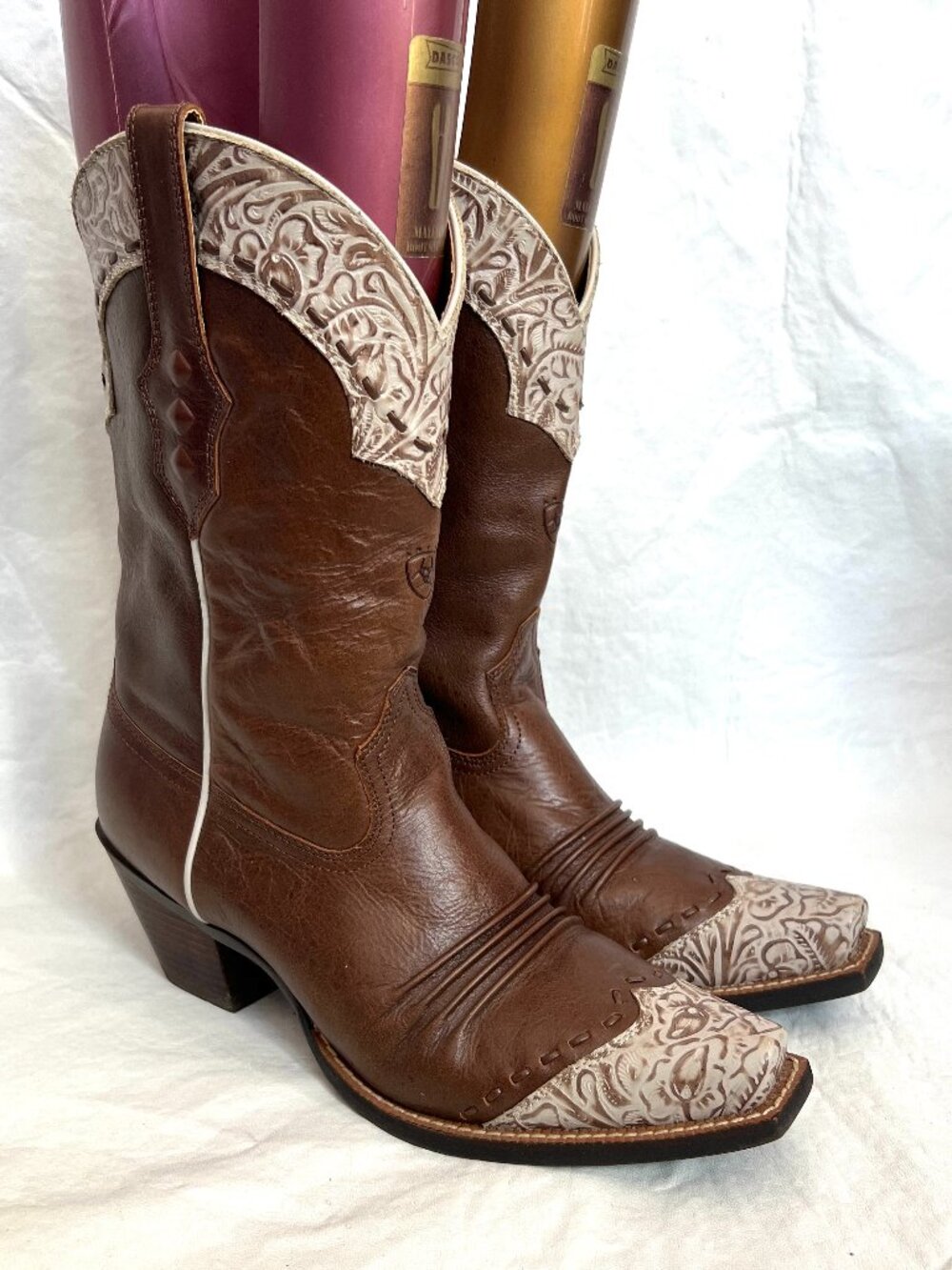 Ariat western boots brown leather womens 8.5 Dixie square toe white floral
